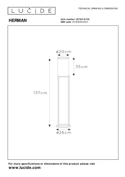 Lucide HERMAN - Stehlampe - Ø 26 cm - 1xE27 - Schwarz - technisch